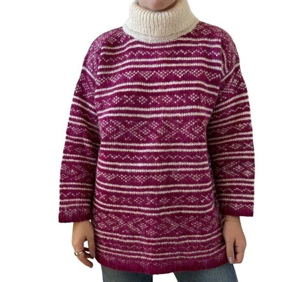 Vintage 1990s Jones New York Pink Fluffy Mohair Oversized Striped Sweater Sz L - Picture 1 of 8